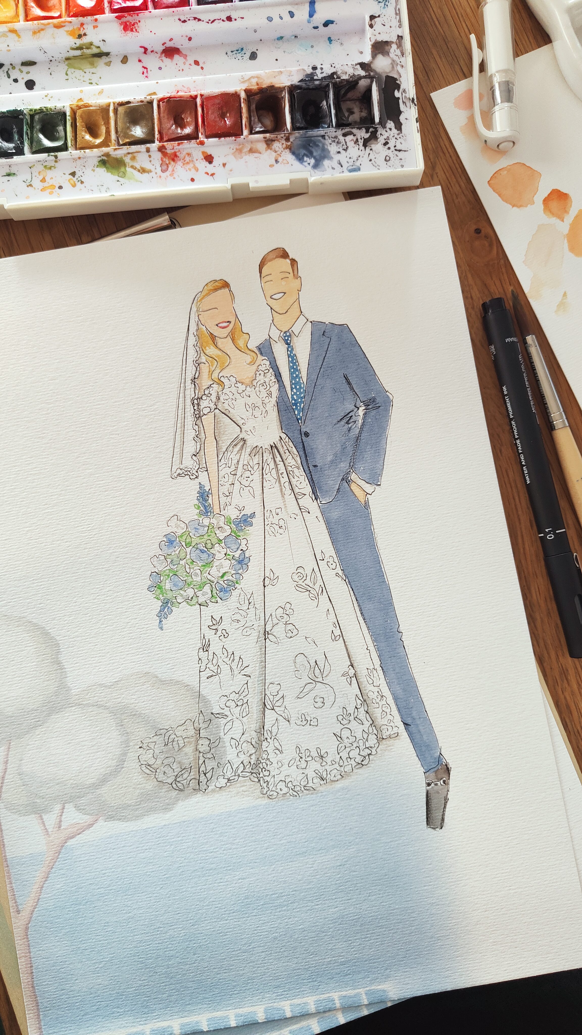 Live illustration bride and groom wedding portrait